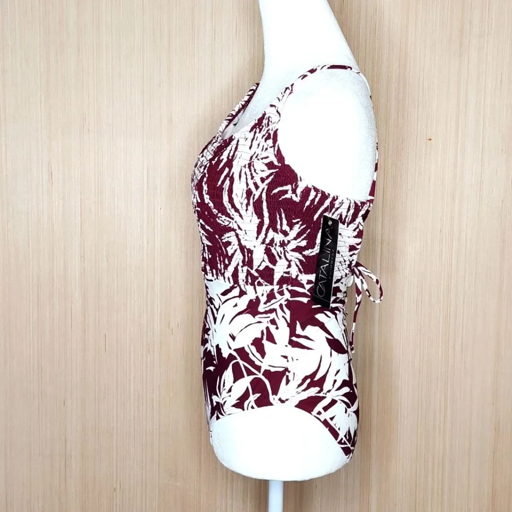 Catalina Tropical Palm Smocked Lace-Up Back Maroon One Piece Swimsuit Small Surf